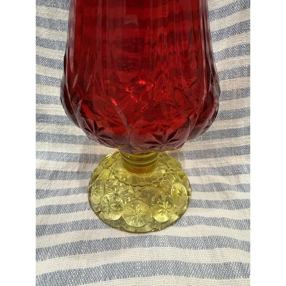 Vintage Swung Amberina Glass Vase – Red & Yellow Starburst Base 13.5 